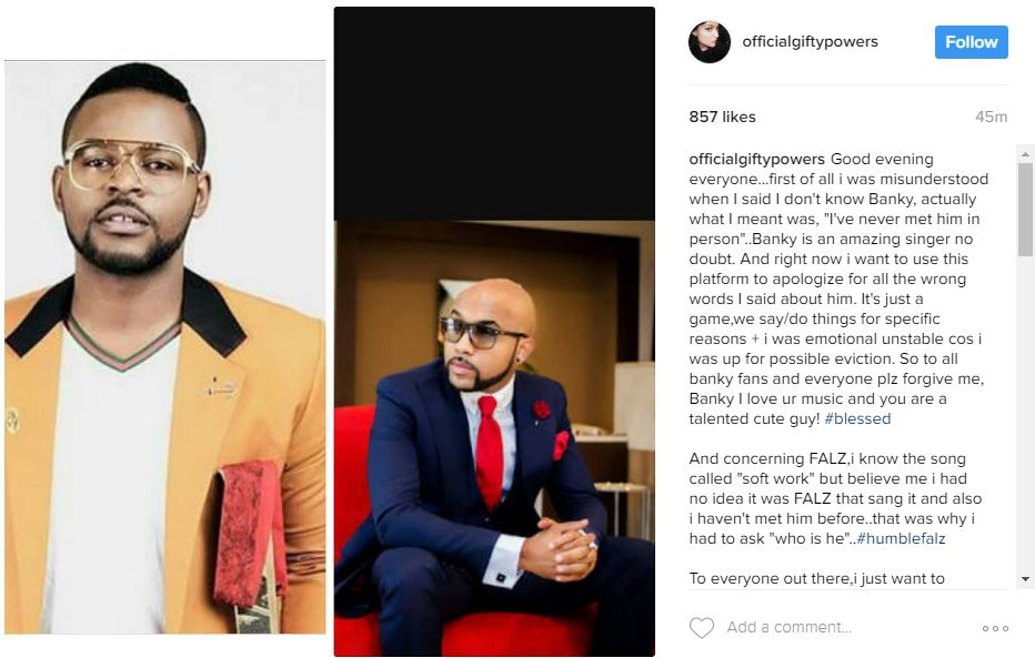 Big Brother Naija: Gifty Explains Why She Said She Doesn't Know Falz And Banky W (Read Her Apology)