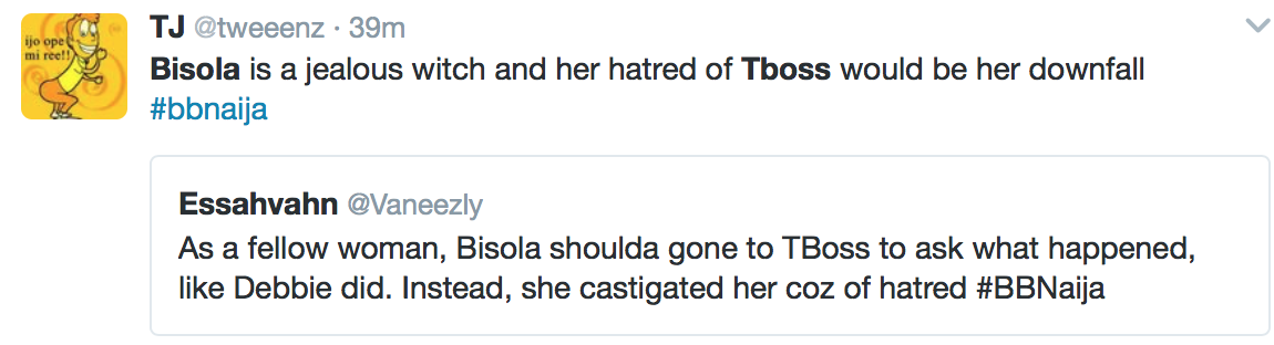 #BBNaija: Bisola Calls TBoss A White Witch Over Kemen's Disqualification, Nigerians React