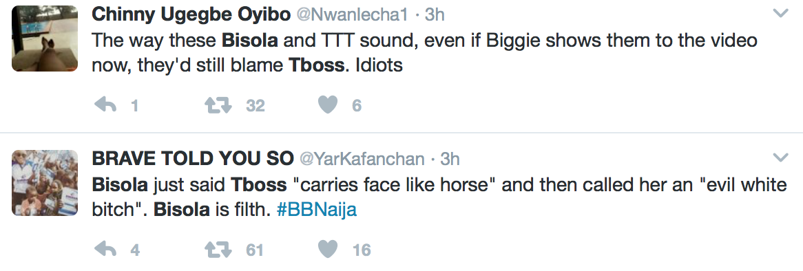 #BBNaija: Bisola Calls TBoss A White Witch Over Kemen's Disqualification, Nigerians React