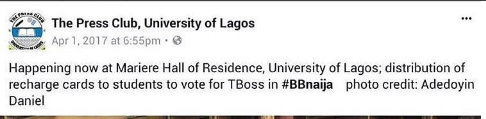 See Moment #BBNaija Fan Bought Recharge Card For People In UNILAG Hostel To Vote For TBoss (Photo)