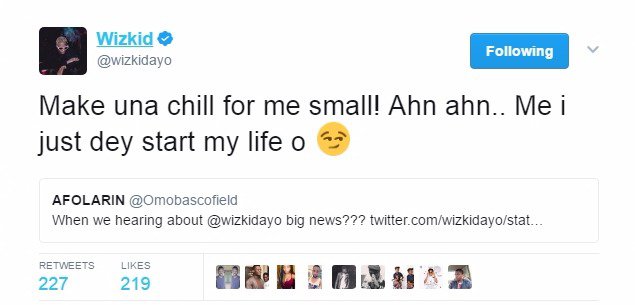 Haha! See Wizkid's Reply To A Twitter User Who Asked For When He's Getting Married