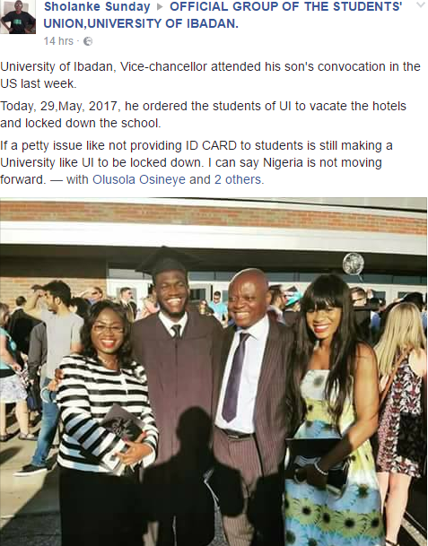 University of Ibadan VC attends son's convocation in the US few days before shutting down school (Photo)