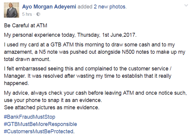 ATM machine allegedly dispenses 5 naira note to Nigerian man (Photos)