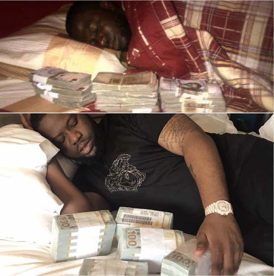 Before and after photo of Hushpuppi sleeping with wads of cash
