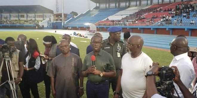 Okowa watches Super Eagles train in Asaba, promises $25,000 per goal