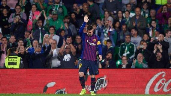 Messi reacts to standing ovation from Real Betis fans after netting hat-trick