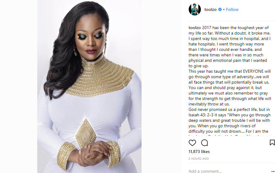 '2017 Was The Toughest Year In My Entire Life' - Toolz Says As She Shares New Picture