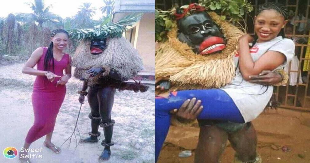 Nigerian Lady Poses With Her Masquerade 'Boyfriend' As He Carries Her (Photos)