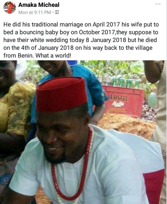 Nigerian Man Dies Four Days to His Church Wedding Along Benin Road (Photo)