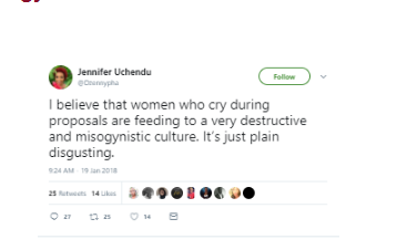'Crying During Marriage Proposal Is Disgusting'- Nigerian Feminist, Jennifer Uchendu