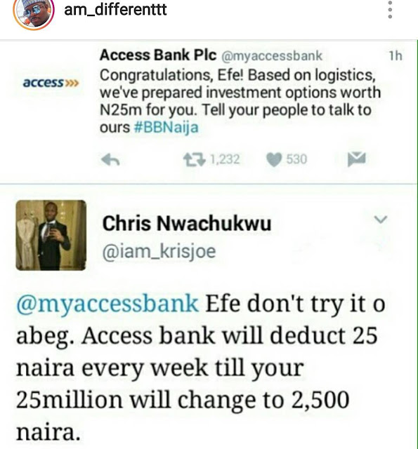 #BBNaija: Between Access Bank & A Follower over Efe & His N25m Prize