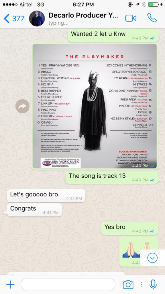 Phyno Replies DeCarlo Who Said He Stole 'I'm a fan' With WhatsApp Screenshots