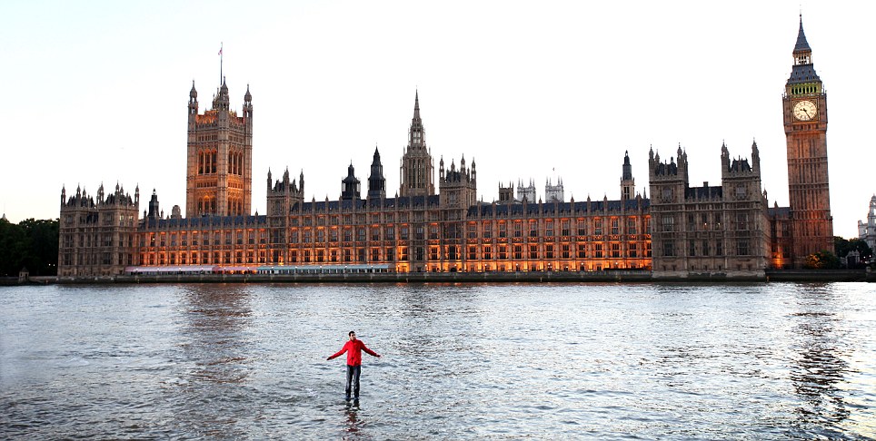 Man walks on water with bare foot