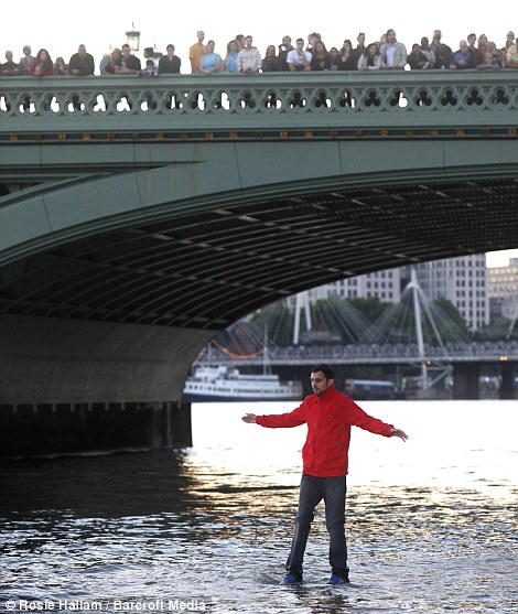 Man walks on water with bare foot