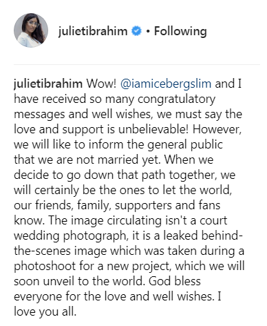Read How Juliet Ibrahim And Iceberg Slim Responded To Engagement Reports