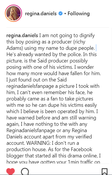 How Regina Daniels Intends To Deal With The Man Using Her Name To Defraud People