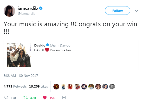 US Rapper, Cardi B Shows Love To Davido And He's Super Excited