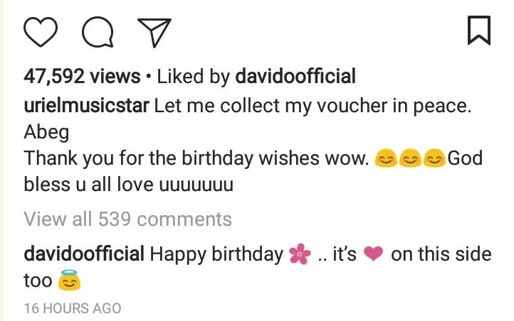 This Is Davido's Reaction To Uriel Falling For His Fake Instagram Account On Her Birthday