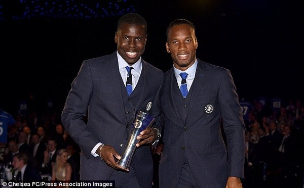 Chelsea's Kurt Zouma (left) receives his Young Player of the Year award from Didier Drogba (right)