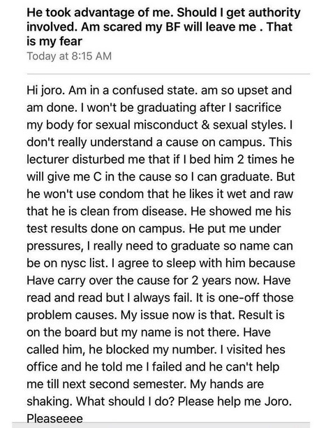 My Lecturer Deceived and Slept with Me, Promised Me Good Results But the Worst Happened - Student Narrates