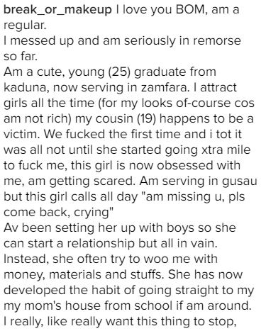 I've Been Having S*x With My Own Cousin, She's Now Obsessed With Me - NYSC Member Cries Out