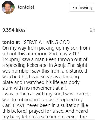 How Tonto Dikeh Rescued a Helpless Man Thrown Out of a Speeding 'Keke-Napep'