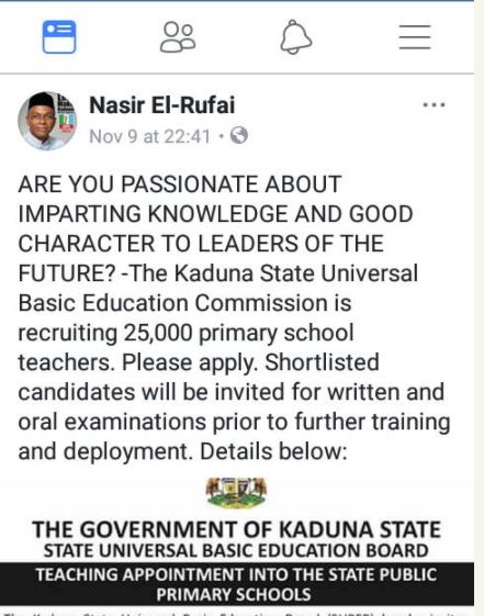 Kaduna Government Recruiting 25,000 Teachers for Primary Schools... See Requirements