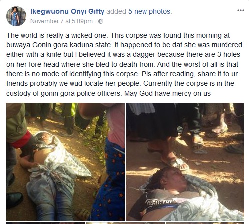 Lady's Corpse Discovered on the Roadside After Being Killed by Suspected Ritualists in Kaduna (Photos)