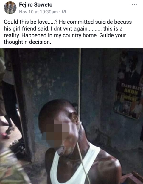Nigerians React as Man Commits Suicide Because His Girlfriend Allegedly Dumped Him in Delta (Photos)