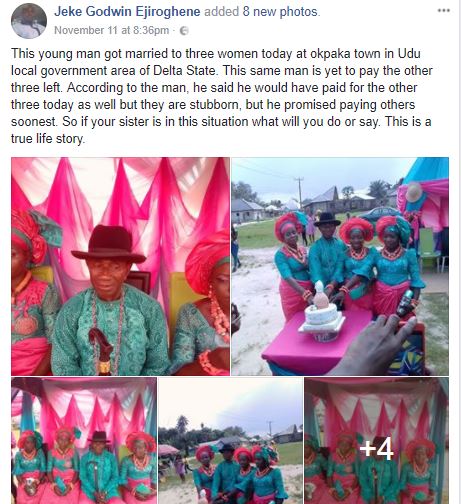 Unbelievable! Nigerian Man Marries Three Wives on the Same Day in Delta State (Photos)