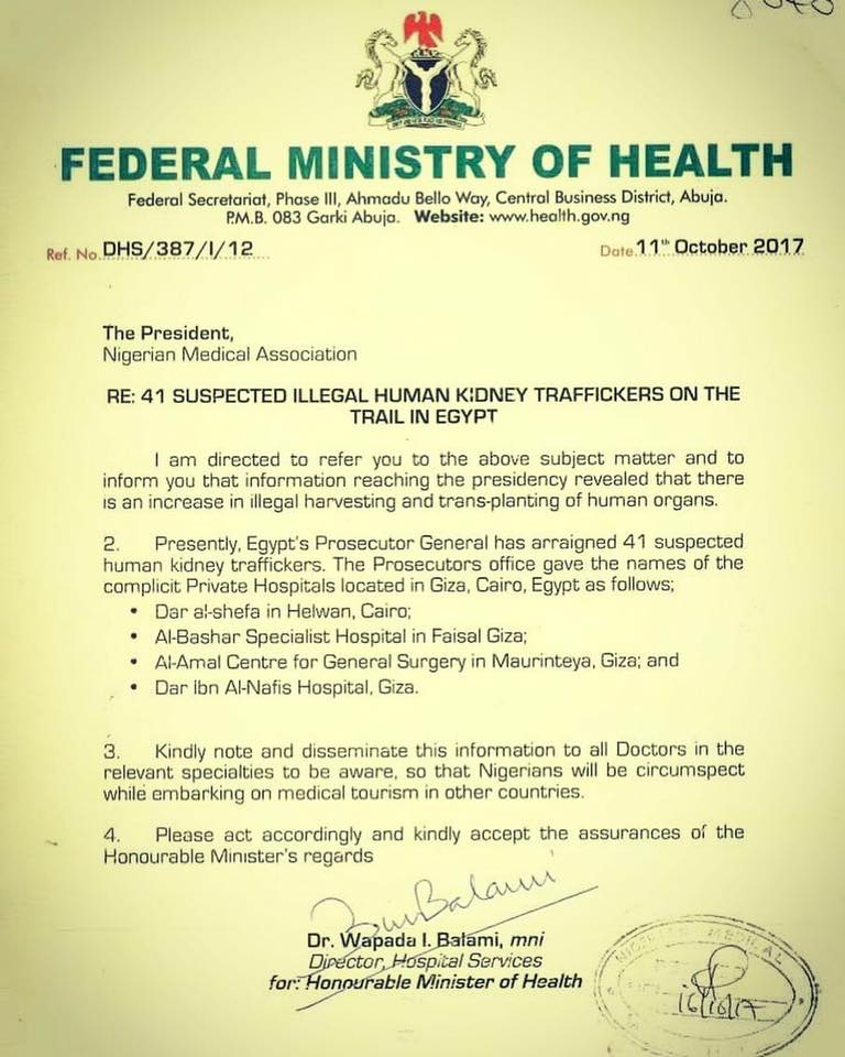 FG Alerts Nigerians on High Rate of Kidney Trafficking in Egypt