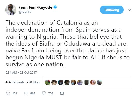 Biafra: Catalonia's Independence a Warning to Nigeria - Fani-Kayode