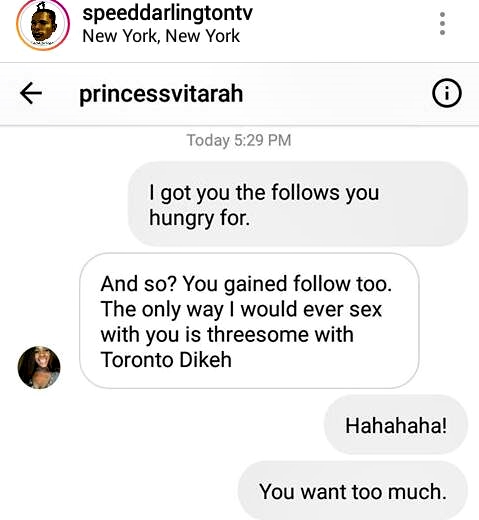 Princess Vitarah 'Wants Threesome' S*x with Tonto Dikeh and Speed Darlington in Leaked DMs (Photos)