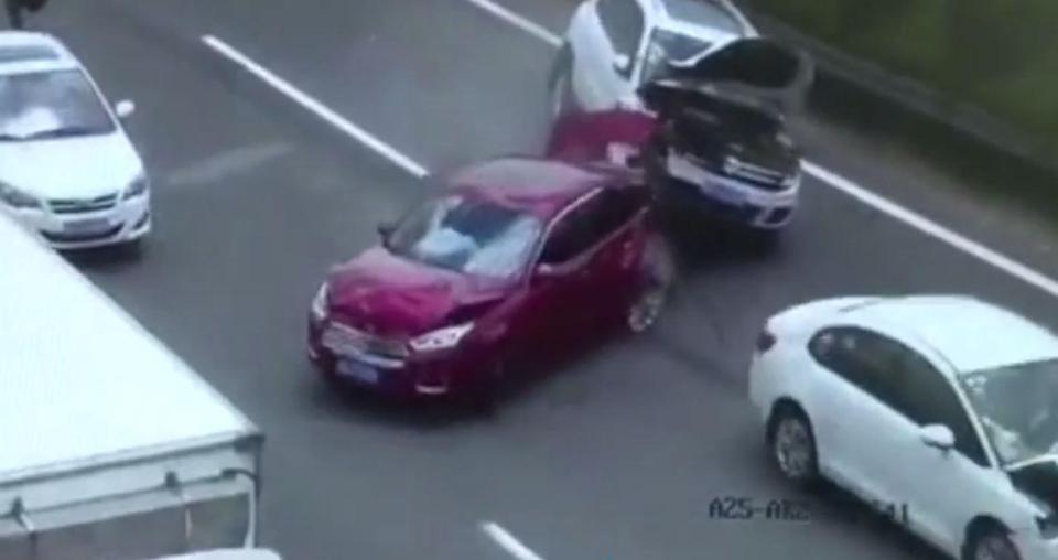 Omg! Couple Holding Their Baby Narrowly Escape Death as Car Smashes Into Their Broken-Down Car  (Photos)