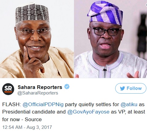 2019 Elections: PDP Allegedly Settles for Atiku & Fayose as Presidential Candidate & VP Respectively