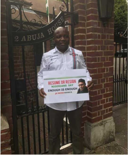 Resume or Resign: Man Storm's Buhari's Residence in London to Protest