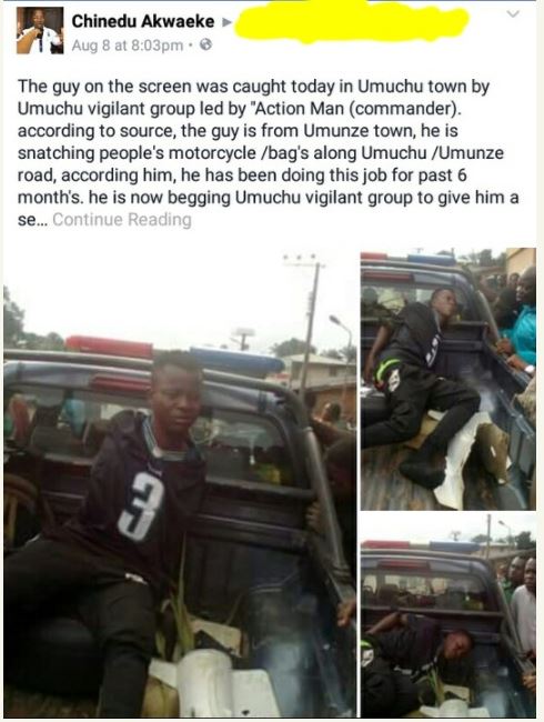 Motorcycle and Handbag Snatcher Caught and Tied Up by Vigilante in Anambra (Photos)