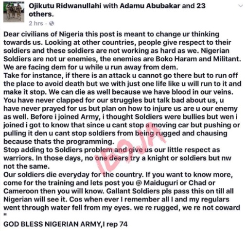 Stop Adding to Our Problems, Give Us a Little Respect - Soldier Writes Open Letter to Nigerians