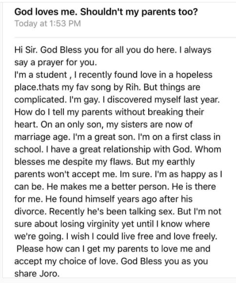So Touching: First Class Nigerian Student and Only Son Publicly Admits He is Gay