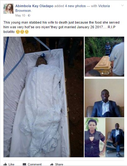 Tears! Nigerian Man Reportedly Stabs Wife to Death for Serving Him Hot Food (Photos)