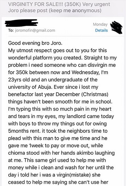 23-year-old University of Abuja Female Student Offers Her Virginity for Sale at N350,000...See Details