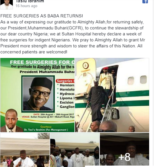 Welcome Back Buhari: See the Hospital Offering FREE Surgeries This Week to Celebrate the Buhari's Return