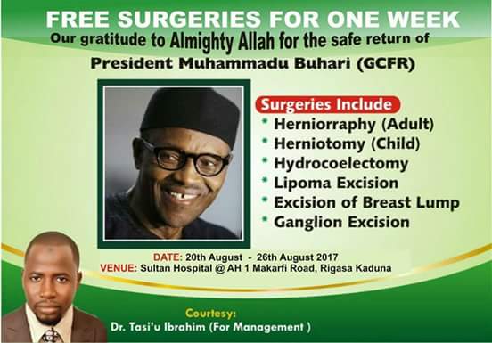 Welcome Back Buhari: See the Hospital Offering FREE Surgeries This Week to Celebrate the Buhari's Return