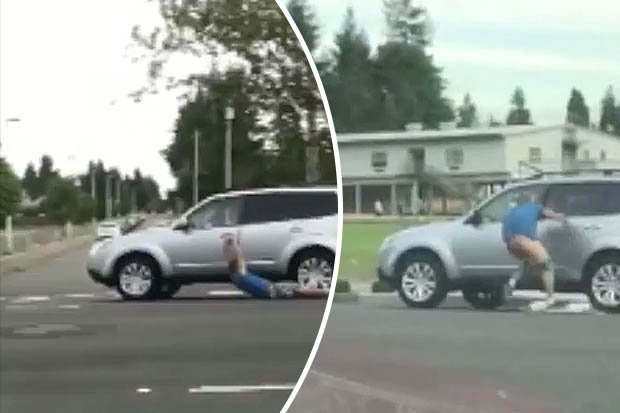 See the Shocking Moment Man was Dragged Behind a Speeding Car on the Road With His Trousers Down
