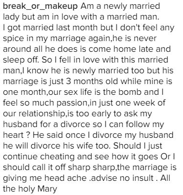 I Got Married Just Last Month But I'm Already Having S*x With Another Married Man - Wife Confesses