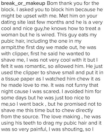 Help! My Boyfriend is Obsessed With Chewing My Pubic Hair During S*x - Lady Cries Out On Social Media
