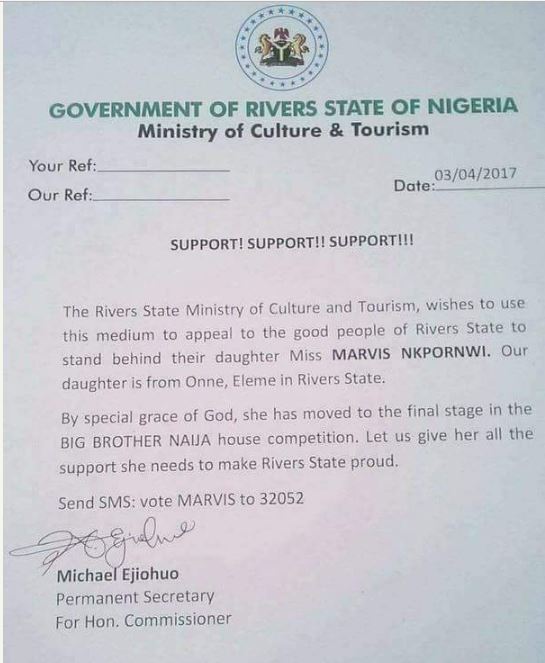 BBNaija: Rivers State Government Asks for Support for Marvis (Photo)