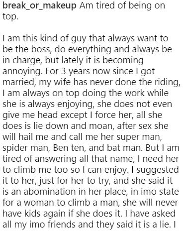 I'm Tired of Always Being on Top During S*x But My Wife Has Refused to Climb Me - Man Laments