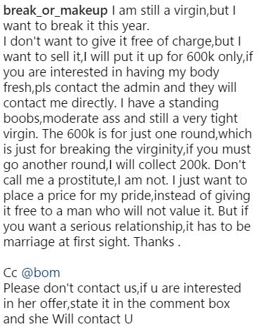 Omg! Serious Outrage as Nigerian Girl Offers to Sell Her V*rgin!ty for N600k... See Details