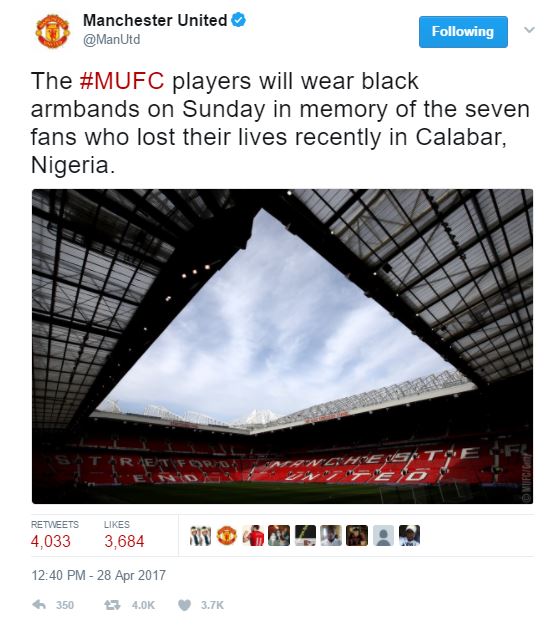 Manchester United to Honour Dead Nigerian Fans on Sunday...See Details